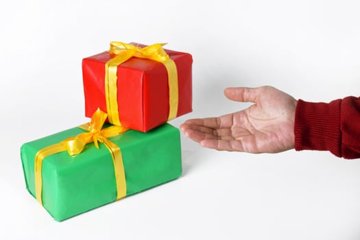 A Cozy Sleeve Holds a Red and Green Present photo