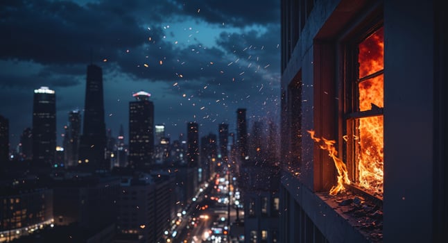 Fire engulfs building as flames burst from shattered window during nighttime blaze in urban area photo
