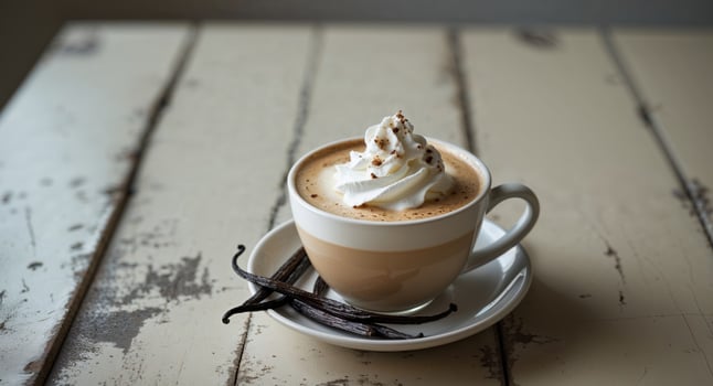 Vanilla latte with whipped cream and vanilla beans on beige table. photo