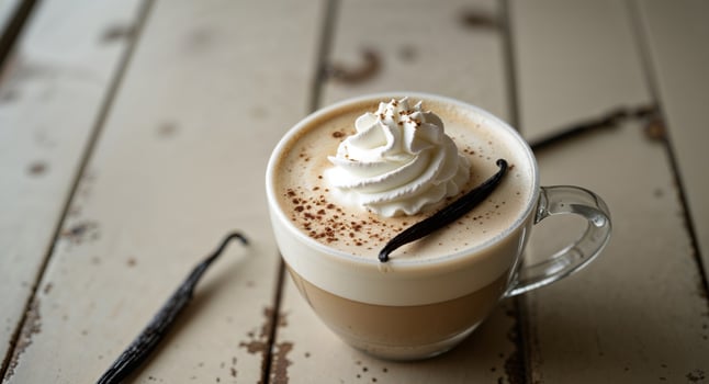 Vanilla latte with whipped cream and vanilla beans on beige table photo