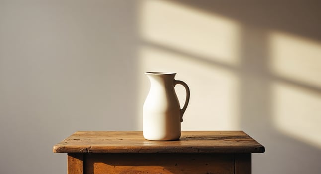Fresh Milk Jug on Wooden Table with Natural Light. photo