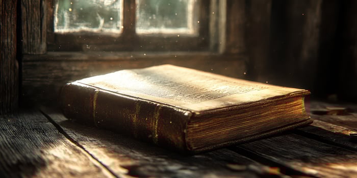 Old leather-bound book resting on a rustic wooden table near a sunlit window photo