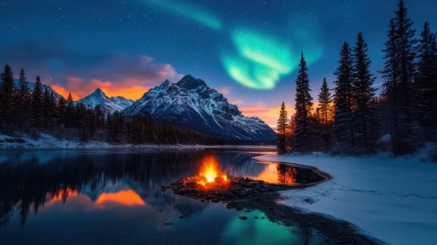 Majestic Winter Landscape Snow covered Mountains Fire and Aurora Borealis Reflecting in Calm Lake at Night photo