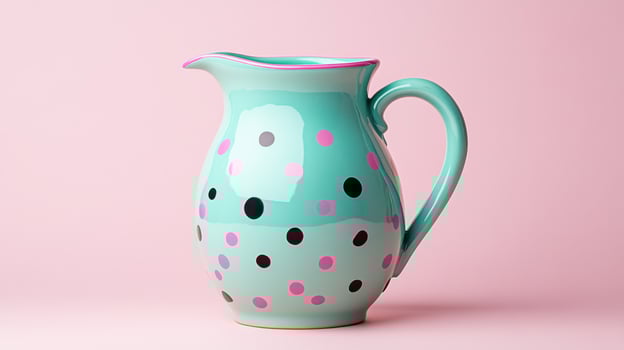 Charming vintage-style pastel pitcher with colorful polka dots on a soft pink background photo