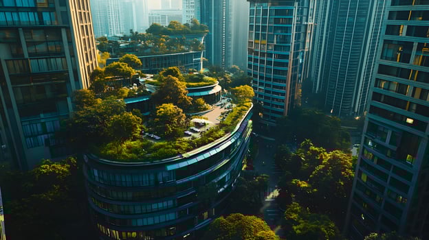 Aerial view of a modern city with green roofs and lush vegetation, sustainable urbanism photo
