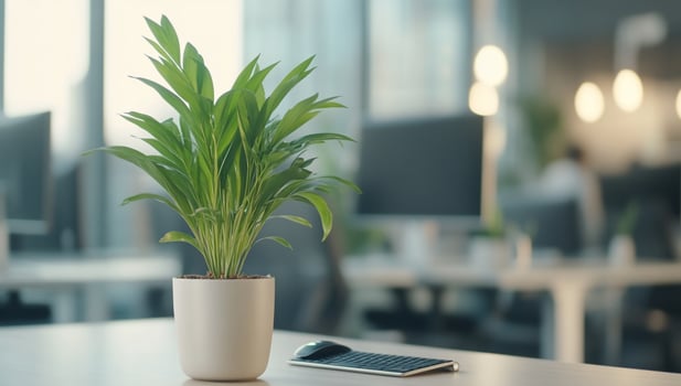 A potted plant on an office desk, enhancing the workspace ambiance. photo