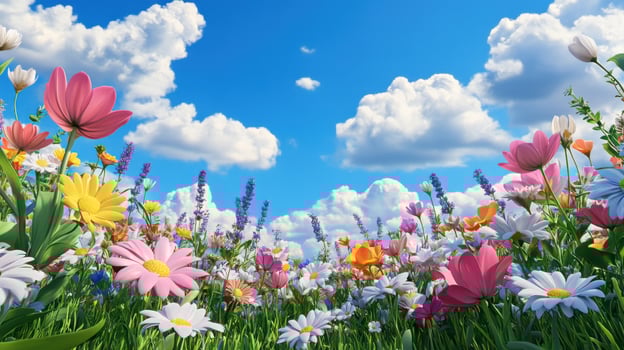 Dreamy wildflower meadow under a blue sky with fluffy clouds during a sunny afternoon photo