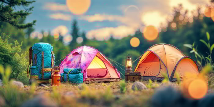 Colorful tents and backpacks set up for camping in a forest at sunset photo