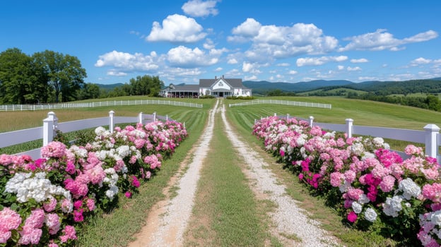 Charming long dirt road flanked by vibrant flowers leads to a picturesque country home in the mountains photo