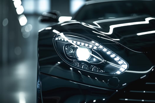 Close-up of a sleek black sports car's stylish headlight, showcasing modern design and craftsmanship. photo