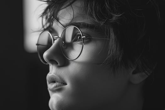 A young male with short, tousled hair wearing round glasses gazes thoughtfully, highlighting his delicate features in black and white. photo