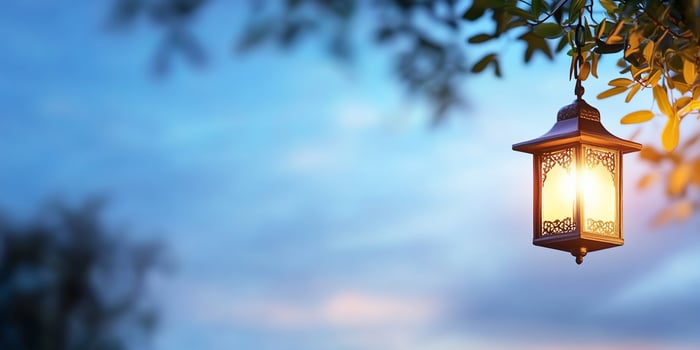 A lamp hanging from a tree branch with a blue sky in the background photo