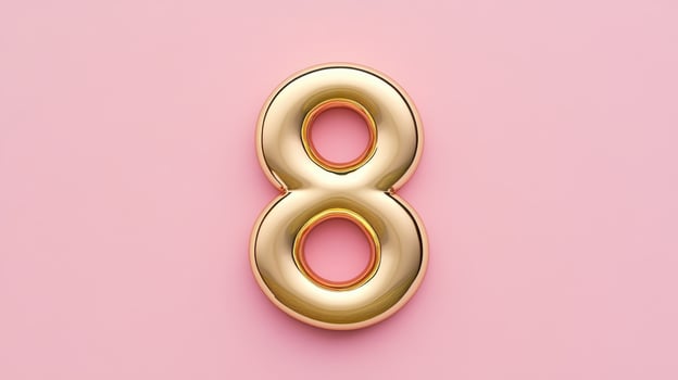 A vibrant shiny gold number eight set against a soft pastel pink background, perfect for celebrating special events and occasions photo