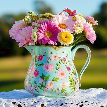 Pastel color enamel pitcher filled with vibrant flowers in a sunny outdoor setting photo