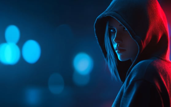 A woman in a hoodie standing in front of a red light photo