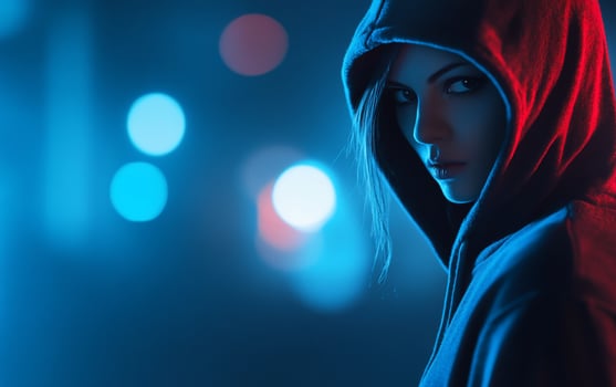 A mysterious figure in a hoodie against a blurred urban backdrop. photo