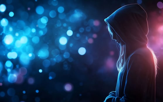 A silhouette of a girl in a hoodie against a colorful, dreamy background. photo