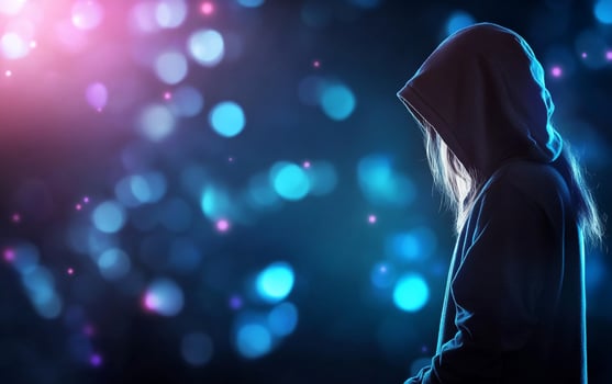 A silhouette of a person in a hoodie against a colorful, blurred background. photo