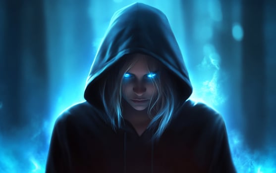 A mysterious figure in a hood with glowing eyes in a dark forest. photo