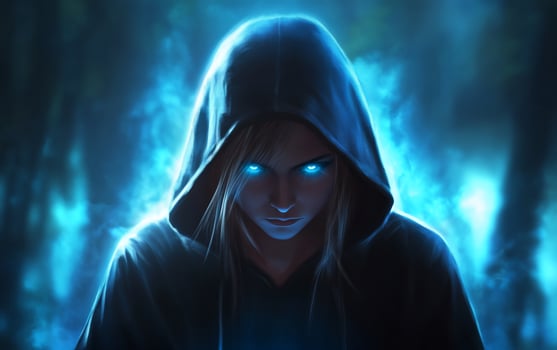 A mysterious figure in a dark forest, glowing blue eyes and aura. photo