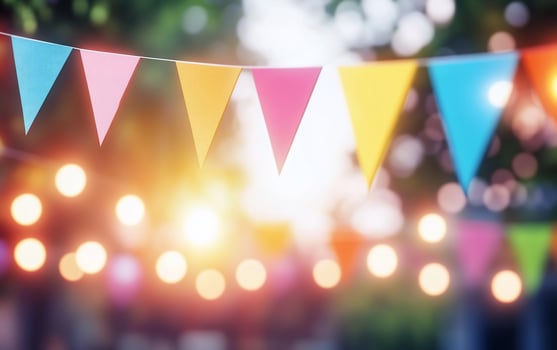 Colorful bunting flags and soft lights create a festive atmosphere. photo