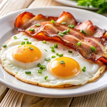A plate featuring two eggs sunny-side up alongside crispy bacon strips photo