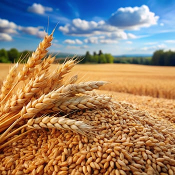 Wheat swaying gently in a sunlit field, showcasing golden grains ready for harvest photo