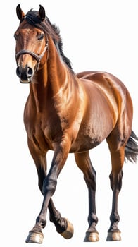 Majestic brown horse walking gracefully in a sunlit field during daytime in a tranquil rural setting photo