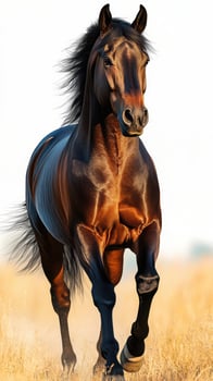 Majestic black horse running through golden fields at sunset in a serene countryside setting photo