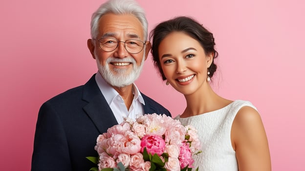 Elderly couple celebrating a joyful moment with flowers and smiles against a pink background photo