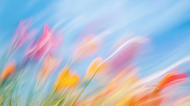 Vibrant wildflowers dance in a wind-swept meadow under a clear blue sky photo