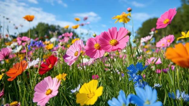 Vibrant wildflowers bloom in a wind-swept meadow under a clear blue sky in springtime photo