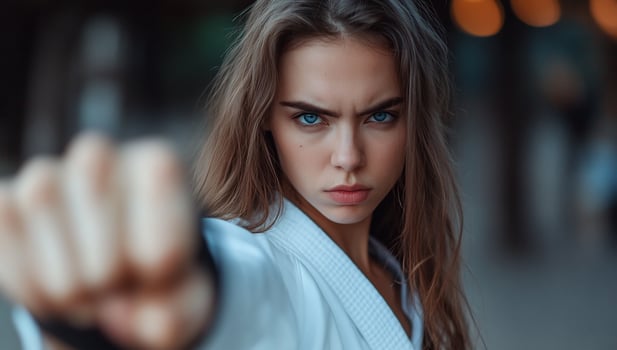 A woman in a kimono is pointing her fist photo