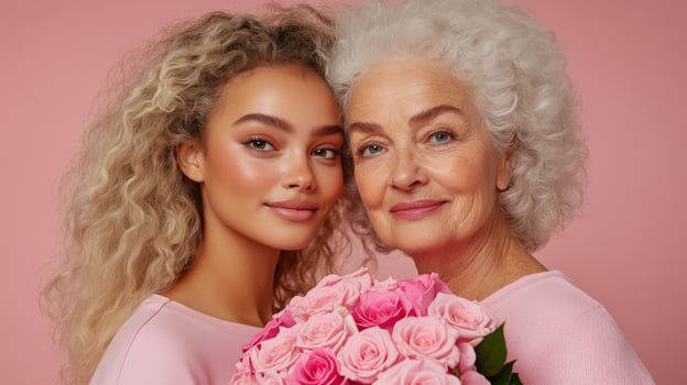 Daughter presents a bouquet of pink roses to her mother in a heartfelt moment against a pink background photo