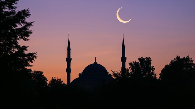 Ramadan or laylat al-qadr concept image. Mosque and crescent moon photo