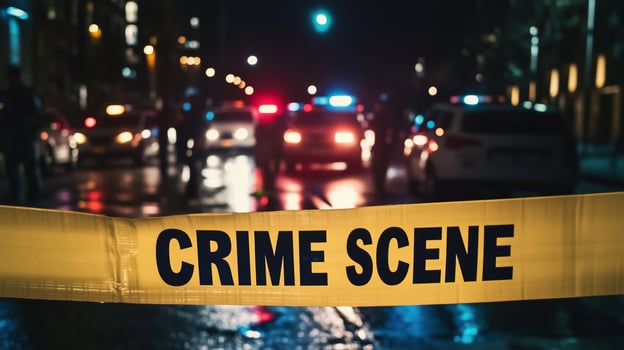Crime scene at night with police cars on the background photo