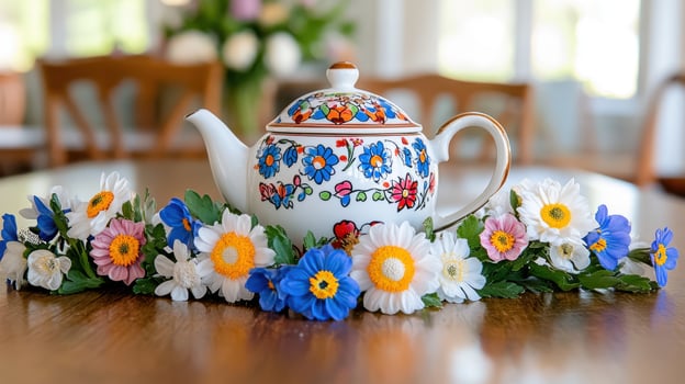 Colorful teapot surrounded by spring flowers on a wooden table in bright natural light photo