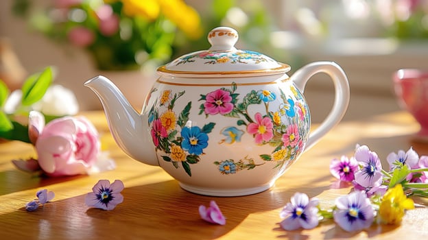 Colorful teapot surrounded by scattered spring flowers on a sunny table setting perfect for afternoon tea photo