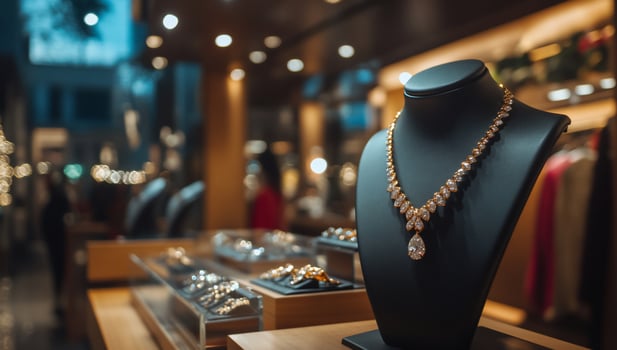 Elegant jewelry display in a boutique showcasing luxury necklaces. photo
