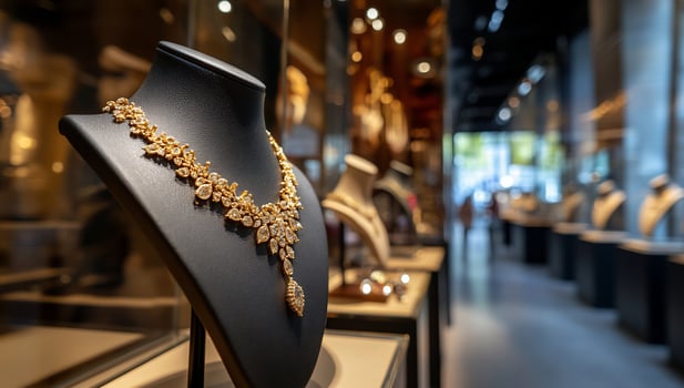 Elegant jewelry display showcasing a luxurious necklace in a boutique. photo