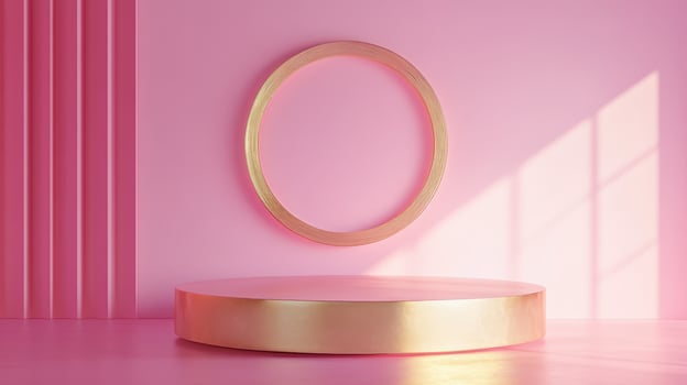 Modern minimalist interior design featuring pink walls and golden accents with a circular mirror and podium in bright sunlight photo