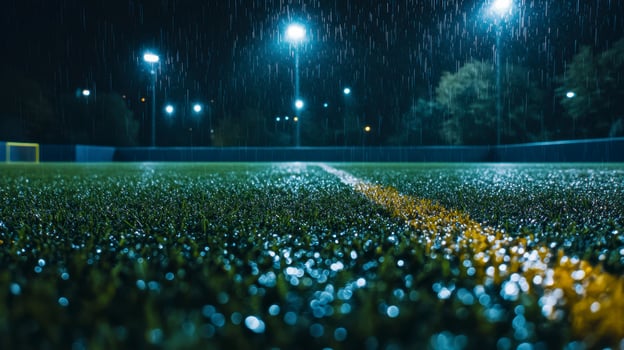 A soccer field with a yellow line on the ground. The line is wet from the rain. photo