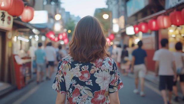 A woman walking down a street with red lanterns photo