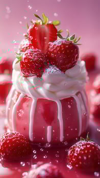 Delicious strawberry dessert with whipped cream and elegant decoration on a pink background for a summer treat photo
