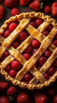 Freshly baked strawberry pie with a golden lattice crust surrounded by ripe strawberries on a wooden table photo