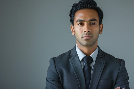 A serious South Asian man in a dark suit and tie exudes professionalism against a neutral gray backdrop. photo