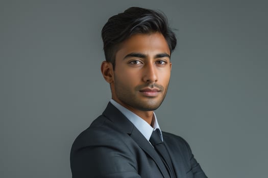 A confident South Asian male in a sleek suit, exuding professionalism against a minimalistic gray backdrop. photo