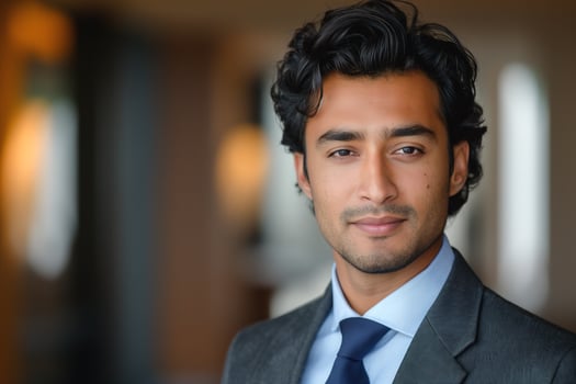 Confident South Asian male in a tailored suit, exuding professionalism against a blurred background. photo