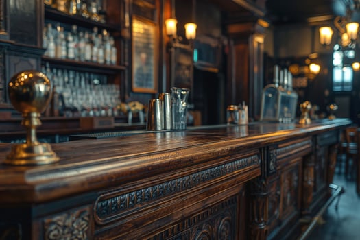 Beautiful vintage wooden bar interior with ornate details and warm lighting photo