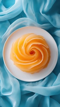 Colorful spiral dessert artfully arranged on a plate with soft fabric background photo